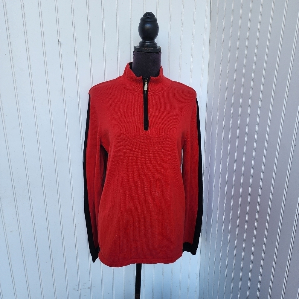 Jones New York Sport Sweater Women Red Black Stripe Gold Zip Cotton High Neck XL